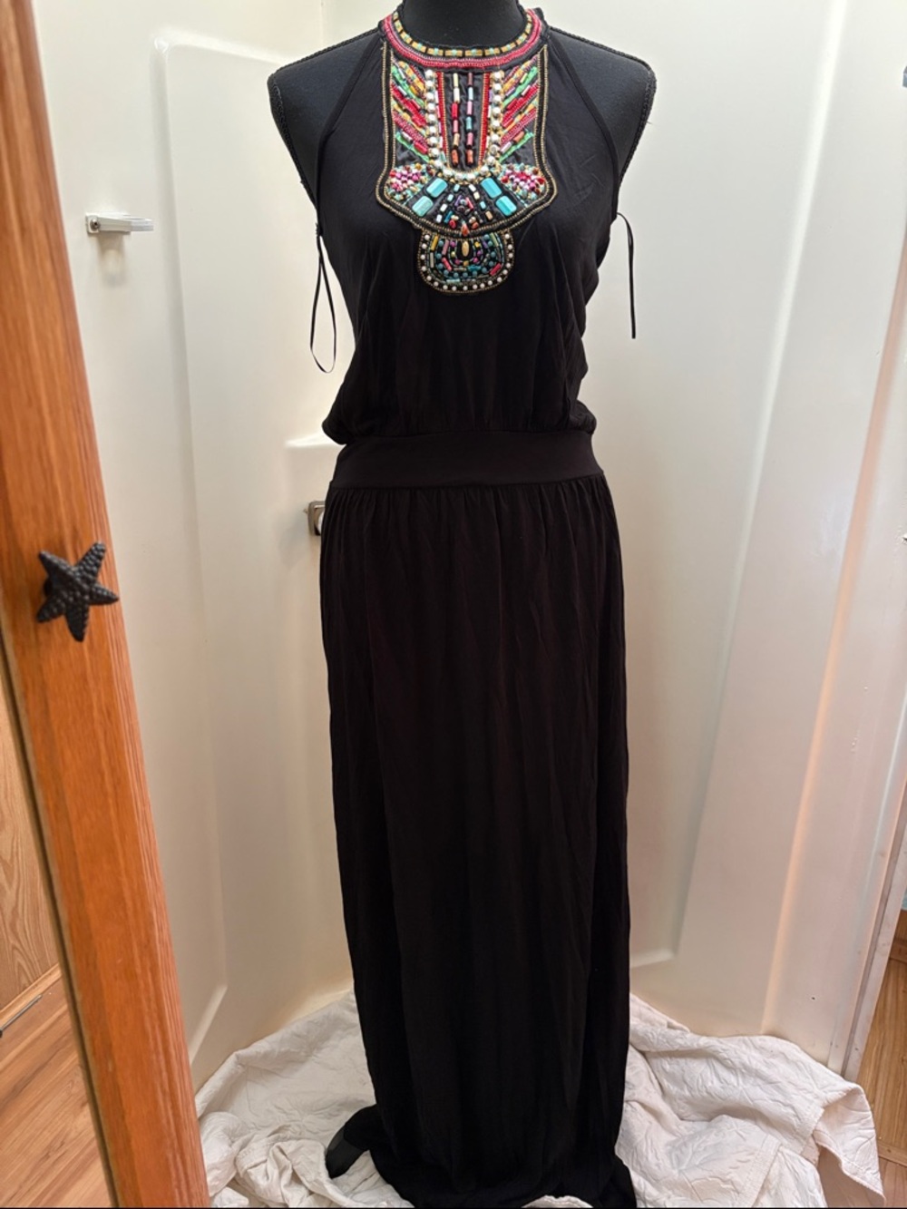 Papaya Black Maxi Dress with Multicolor Beaded Bib